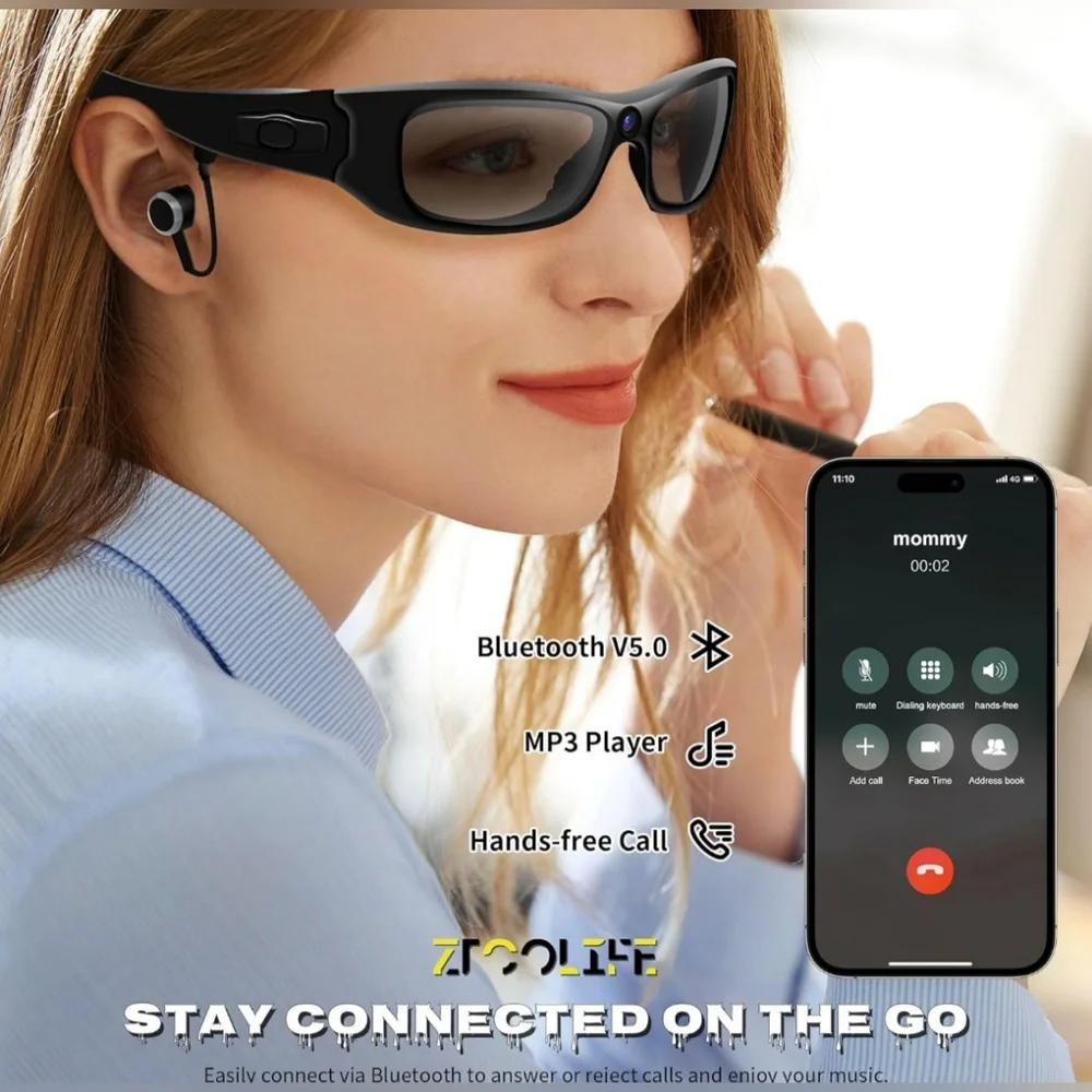 Video Glasses with Bluetooth, HD 1080P Video Glasses with Polarized UV400 Lens